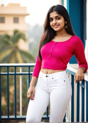  lovely cute young attractive indian teenage girl in a red top, tight white jeans, smile, pink lips, 23 years old, cute, an Instagram model, long straight hair, black hair, winter, standing in balcony , Indian,