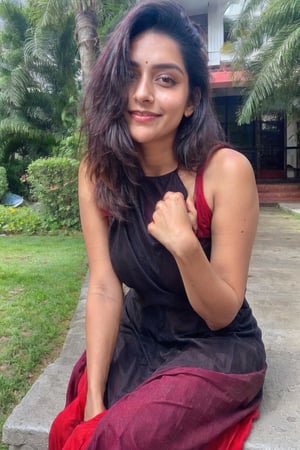 Lovely cute young attractive teenage girl, city girl, 18 years old, cute, an Instagram model, long black_hair, colorful hair one side, shy smile, black red salwar kameez