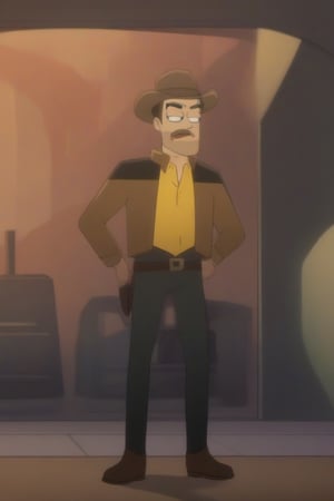 A toll thin man , he have long black moustache,he wear a cowboy hat,cowboy boots,cowboy jacket, a yellow shirt, he standing by front position