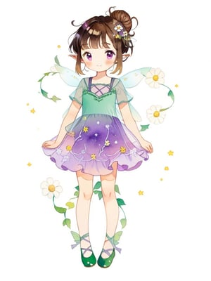 1girl, solo, looking at viewer, blush, smile, bangs, simple background, brown hair, hair ornament, white background, dress, closed mouth, standing, full body, flower, short sleeves, wings, shoes, pointy ears, vines, hair flower, hair bun, star \(symbol\), see-through, single hair bun, daisies, purple dress, ballet_slippers, fairy wings, fairy, green footwear, watercolor_(medium)