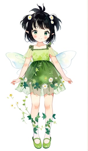 1girl, solo, looking at viewer, blush, smile, bangs, simple background, black hair, hair ornament, white background, dress, closed mouth, standing, full body, flower, wings, vines, pointy ears, vines, hair flower, see-through, daisies, green dress, ballet_slippers, fairy wings, fairy, green footwear, watercolor_(medium)