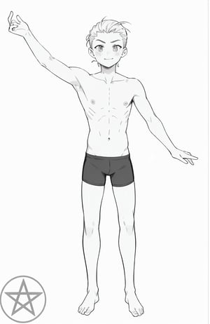 solo, smile, simple background, thighhighs, 1boy, white background, standing, monochrome, full body, greyscale, male focus, topless male, hair slicked back, barefoot, :|, serious expression