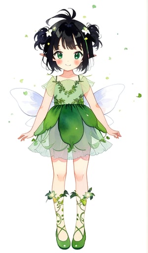 1girl, solo, looking at viewer, blush, smile, bangs, simple background, black hair, hair ornament, white background, dress, closed mouth, standing, full body, flower, wings, vines, pointy ears, vines, hair flower, see-through, white iris flowers, green dress, ballet_slippers, fairy wings, fairy, green footwear, watercolor_(medium)