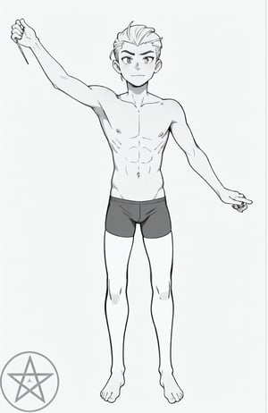 solo, smile, simple background, thighhighs, 1boy, white background, standing, monochrome, full body, greyscale, male focus, topless male, hair slicked back, barefoot, :|, serious expression, holding object in hand