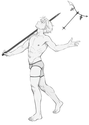 solo, short hair, simple background, 1boy, white background, navel, holding, closed mouth, underwear, nipples, standing, collarbone, monochrome, full body, weapon, greyscale, male focus, barefoot, holding weapon, from side, profile, outstretched arms, looking up, pectorals, polearm, staff, topless male, sun, male underwear, holding polearm