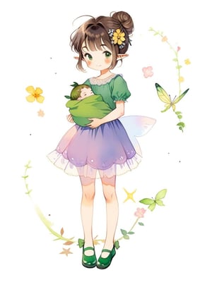 1girl, solo, looking at viewer, blush, smile, skirt, simple background, brown hair, hair ornament, white background, dress, holding, green eyes, standing, full body, flower, short sleeves, shoes, pointy ears, puffy sleeves, hair flower, hair bun, single hair bun, baby swaddle, mary janes, fairy wings, fairy, green footwear, carrying_object, holding a baby, watercolor_(medium)