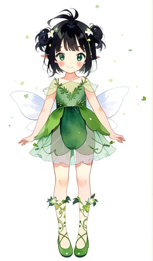 1girl, solo, looking at viewer, blush, smile, bangs, simple background, black hair, hair ornament, white background, dress, closed mouth, standing, full body, flower, wings, vines, pointy ears, vines, hair flower, see-through, white iris flowers, green dress, ballet_slippers, fairy wings, fairy, green footwear, watercolor_(medium)