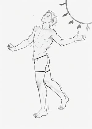 solo, simple background, 1boy, white background, monochrome, greyscale, male focus, outstretched arms, walking, topless male, profile