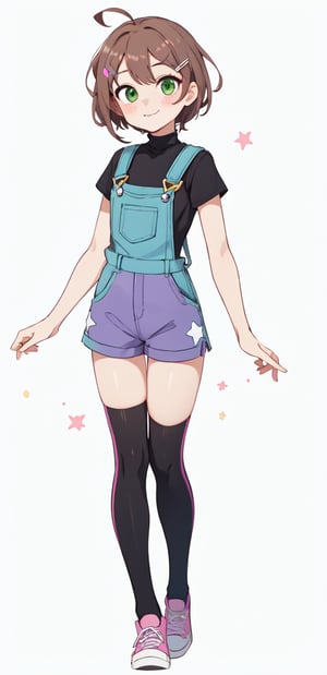 1girl, solo, looking at viewer, blush, smile, short hair, simple background, shirt, hair ornament, thighhighs, white background, closed mouth, green eyes, standing, full body, brown hair, ahoge, short sleeves, shoes, shorts, hairclip, black thighhighs, stars, black shirt, :3, suspenders, sneakers, pink footwear, turtle-neck, overalls, purple footwear, suspender shorts, purple shorts, overall shorts, Stars_on_shorts