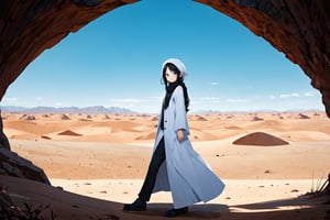 looking into the distance, long hair, blue eyes, black hair, 2girl, Chinese and Iranian, Full body, closed mouth, scarf, white clothe, Muslim, desert, 