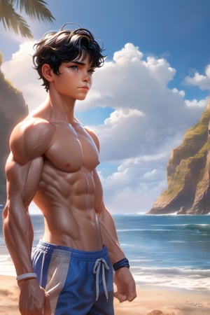 16 years old, muscular, black hair, blue eyes, latino cute boy, muscular body, shirtless, sunshine boy, turning to look at me, beautiful and aesthetic, beach, ocean, cutting training, very large biceps, full_body, ultra realistic illustration,siena natural ratio, ultra hd, realistic, vivid colors, highly detailed, UHD drawing, perfect composition, ultra hd, 8k, he has an inner glow, stunning, something that even doesn't exist, mythical being, energy, pure perfection, divine presence, unforgettable, impressive, breathtaking beauty