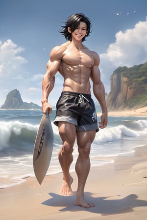 16 years old, wide shoulders, muscular, middle part hair, black hair, muscular body, shirtless, shorts, beach, ocean, smile, cutting training, sweat, full_body, ultra realistic illustration, siena natural ratio, ultra hd, realistic, vivid colors, highly detailed, UHD drawing, perfect composition, ultra hd, 8k