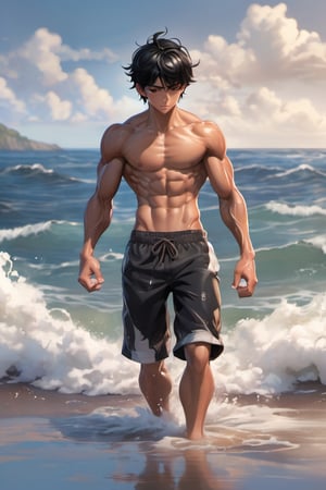 boy, 16 years old, black hair, brown eyes, abs, muscular, tan, guy, boy, teenager, middle part, abs, muscular body, ripped, veiny, shirtless, beach, ocean, wet, hand on head,  cool look, cutting training, sweat, full_body