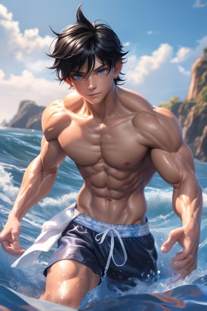 16 years old, muscular, black hair, blue eyes, collarbone, muscular body, shirtless, sunshine boy, swimming trunks, beach, ocean, cutting training, sweat, large biceps, full_body, ultra realistic illustration,siena natural ratio, ultra hd, realistic, vivid colors, highly detailed, UHD drawing, perfect composition, ultra hd, 8k, he has an inner glow, stunning, something that even doesn't exist, mythical being, energy, pure perfection, divine presence, unforgettable, impressive, breathtaking beauty