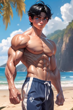 16 years old, muscular, black hair, blue eyes, brazil cute boy, muscular body, shirtless, sunshine, beautiful and aesthetic, beach, ocean, cutting training, sweat, very large biceps, full_body, ultra realistic illustration,siena natural ratio, ultra hd, realistic, vivid colors, highly detailed, UHD drawing, perfect composition, ultra hd, 8k, he has an inner glow, stunning, mythical being, energy, pure perfection, divine presence, unforgettable, impressive, breathtaking beauty