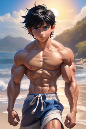 16 years old, muscular, black hair, blue eyes, latino cute boy, muscular body, shirtless, sunshine boy, turning to look at me, beautiful and aesthetic, trunks, beach, ocean, cutting training, sweat, large biceps, full_body, ultra realistic illustration,siena natural ratio, ultra hd, realistic, vivid colors, highly detailed, UHD drawing, perfect composition, ultra hd, 8k, he has an inner glow, stunning, something that even doesn't exist, mythical being, energy, pure perfection, divine presence, unforgettable, impressive, breathtaking beauty