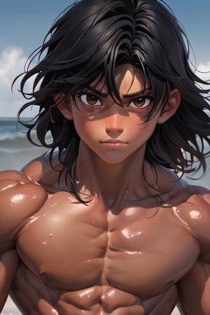 boy, 16 years old, middle part hair, black hair, brown eyes, abs, muscular, tan, guy, boy, teenager, middle part, abs, muscular body, ripped, veiny, shirtless, beach, ocean, wet, hand on head, 