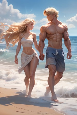 lovers, love couple, 16 years old, girl, blond, muscular, blue eyes, very large physique boy, turning to look at me, very high boy, Biceps, muscular body, shirtless, naked, beautiful and aesthetic, beach, ocean, cutting training, sweat, full_body, ultra realistic illustration,siena natural ratio, ultra hd, realistic, vivid colors, highly detailed, UHD drawing, perfect composition, ultra hd, 8k, he has an inner glow, stunning, mythical being, energy, pure perfection, divine presence, unforgettable, impressive, breathtaking beauty