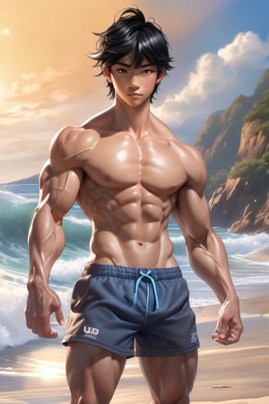 16 years old, muscular, black hair, blue eyes, asian cute boy, muscular body, shirtless, sunshine boy, beautiful and aesthetic, beach, ocean, cutting training, sweat, very large biceps, full_body, ultra realistic illustration,siena natural ratio, ultra hd, realistic, vivid colors, highly detailed, UHD drawing, perfect composition, ultra hd, 8k, he has an inner glow, stunning, something that even doesn't exist, mythical being, energy, pure perfection, divine presence, unforgettable, impressive, breathtaking beauty