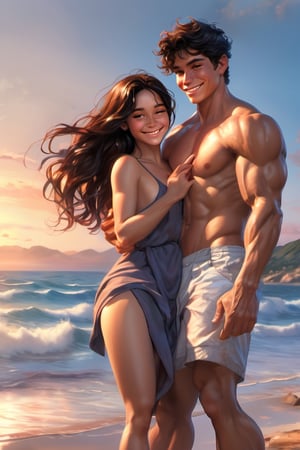 lovers, love couple, 16 years old, girl, before sex, latino boy, muscular body, shirtless, snaggley smile, selfie, naked, beautiful and aesthetic, beach, ocean, cutting training, sweat, full_body, ultra realistic illustration, siena natural ratio, ultra hd, realistic, vivid colors, highly detailed, UHD drawing, perfect composition, ultra hd, 8k, he has an inner glow, stunning, mythical being, energy, pure perfection, divine presence, unforgettable, impressive, breathtaking beauty