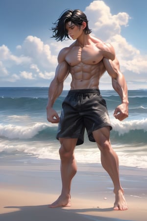 16 years old, muscular, middle part hair, black hair, muscular body, shirtless, shorts, beach, ocean, cutting training, sweat, full_body, ultra realistic illustration, siena natural ratio, ultra hd, realistic, vivid colors, highly detailed, UHD drawing, perfect composition, ultra hd, 8k, he has an inner glow, stunning, something that even doesn't exist, mythical being, energy, pure perfection, divine presence, unforgettable, impressive, breathtaking beauty