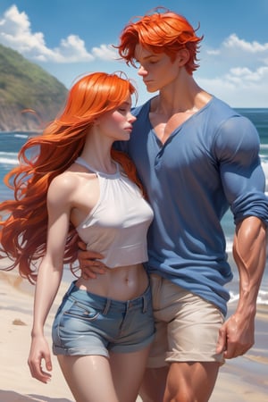 lovers, love couple, 16 years old, redhead, girl, muscular, blond, blue eyes, extra large physique boy, look at me, very high boy, muscular body, shirtless, naked girl, big teen, beautiful and aesthetic, beach, ocean, cutting training, sweat, full_body, ultra realistic illustration,siena natural ratio, ultra hd, realistic, vivid colors, highly detailed, UHD drawing, perfect composition, ultra hd, 8k, he has an inner glow, stunning, mythical being, energy, pure perfection, divine presence, unforgettable, impressive, breathtaking beauty