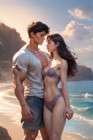 lovers, love couple, 16 years old, girl, before sex, muscular, large physique boy, high boy, muscular body, shirtless, naked, very big body, beautiful and aesthetic, beach, ocean, cutting training, sweat, full_body, ultra realistic illustration,siena natural ratio, ultra hd, realistic, vivid colors, highly detailed, UHD drawing, perfect composition, ultra hd, 8k, he has an inner glow, stunning, mythical being, energy, pure perfection, divine presence, unforgettable, impressive, breathtaking beauty