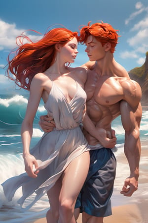 lovers, love couple, 16 years old, redhead girl, muscular, blue eyes, extra large physique teen, look at me, very high boy, muscular body, shirtless, naked girl, beautiful and aesthetic, beach, ocean, cutting training, sweat, full_body, ultra realistic illustration,siena natural ratio, ultra hd, realistic, vivid colors, highly detailed, UHD drawing, perfect composition, ultra hd, 8k, he has an inner glow, stunning, mythical being, energy, pure perfection, divine presence, unforgettable, impressive, breathtaking beauty