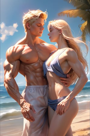 lovers, love couple, 16 years old, girl, blond, muscular, blue eyes, large physique boy, very high boy, Biceps, muscular body, shirtless, naked, sunshine, beautiful and aesthetic, beach, ocean, cutting training, sweat, full_body, ultra realistic illustration,siena natural ratio, ultra hd, realistic, vivid colors, highly detailed, UHD drawing, perfect composition, ultra hd, 8k, he has an inner glow, stunning, mythical being, energy, pure perfection, divine presence, unforgettable, impressive, breathtaking beauty