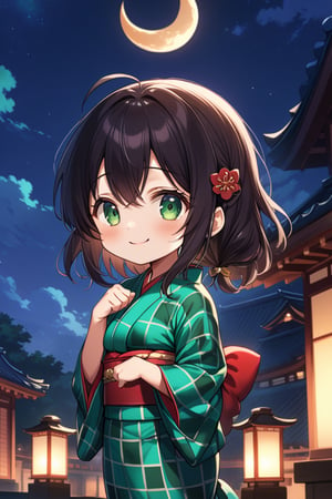 ((Masterpiece, high definition))chibi beautiful girl, cute face, moe, smiling  :3
silky black long hair.  emerald green eyes, bangs between eyes,
 ((green checkered kimono with a rouge-colored obi,))
Paw pose
crescent moon, night sky
.score_9,score_8_up,score_7_up,score_6_up,score_5_up,score_4_up,source_anime,BREAK,