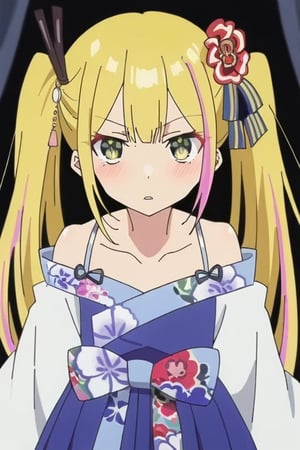 sara de odin, blonde_hair, long_hair, 1girl, multicolored_hair, twintails, streaked_hair, pink_hair, hair_ornament, solo, yellow_eyes, bangs,   japanese_clothes, kimono, looking at viewer, score_9, score_8_up, score_7_up, , anime coloring ,BREAK source_anime, anime,sara de odin