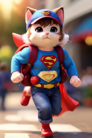 3D solo, blush, brown hair, shirt, 1boy, hat, animal ears, brown eyes, male focus, belt, pants, cat ears, bag, vest, :3, backpack, denim, box, baseball cap, furry, running, jeans, furry male,(superman clouth:1.2).Flying.