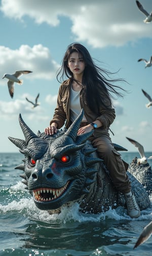 Very realistic and very detailed photo of a daring adventure of a beautiful Korean girl with white skin, perfectly groomed face, long, straight black hair floating in the sea breeze. ,wearing a brown leather jacket accessories, brown cargo pants knee length with lots of pockets , white undershirt ,black watch white shoes . Cool expression of eyes looking at the camera ,he sits on the head of a very large giant dragon, large wings dragon, Red dragon eyes glow, His mouth was wide open, his fangs were sharp and pointed, an expression of pouncing on his prey in the ocean..a very big wavy blue Cloudy sky. There are seagulls flying freely, nearby. The water is wavy, real realistic photo 