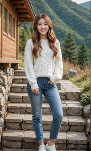 Beautiful korean girl with long blonde hair. K-Pop idol. wearing a cozy white knit sweater and blue jeans, full body shot, smile, detail GC, original, coboy shot, perfect hands, pose, standing, a comfortably on the steps in front of a cozy mountain cabin overlooking the surroundings.