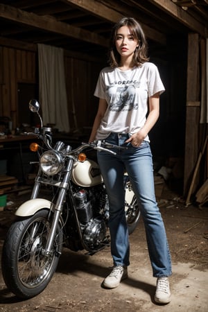 Photo, realistic, a young adult, wearing T-Shirt and long jeans, is repairing an old motorcycle in a ramshackle barn, real life, 12k, 1 girl, solo