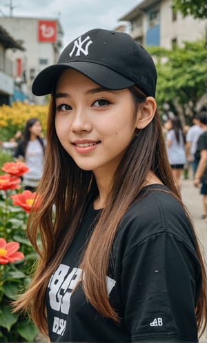 arafed woman with long hair wearing a baseball cap and black shirt, pokimane, korean girl, dang my linh, nivanh chanthara, lalisa manobal, (detail skin:1.2), asian girl with long hair, 1 8 yo, with long hair, xintong chen, anime thai girl, cindy avelino, smile,19-year-old girl, city the background, scenery, full_body, hyper realistic, real life,  long hair with a flower garden background, standing on pose, detail fingers, perfect hands, realistic, HD quality, 8 k,