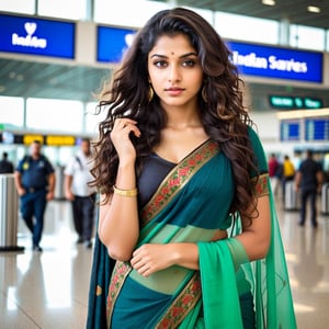 Indian park, Indian, lovely cute young attractive indian teenage girl with Indian sarees , airport, 28 years old, sexy, an instagram cover model, long curly hair, black blod hair, 