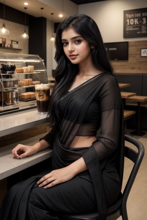 Lovely cute young attractive indian  girl, 21 years old, cute model, long black_hair, black  hair, They are wearing a  black saree, and she is sit in coffee shop, 