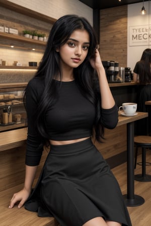 Lovely cute young attractive indian  girl, 21 years old, cute model, long black_hair, black  hair, They are wearing a  black skirt and top, and she is sit in coffee shop, 