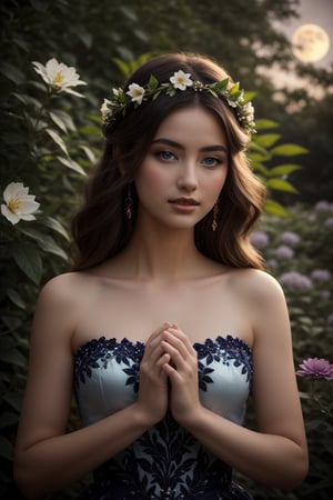 In the tranquil Moonlight Gardens, a lone girl stands out amidst a tapestry of moonlit flowers and foliage, her radiant flower crown and icy blue eyes glowing like beacons under the soft lunar illumination. Framed by the dark night garden's background, her porcelain skin appears almost ethereal, as shadows dance across her face. The vibrant colors of the flora surrounding her provide a striking contrast, while an aura of wonder and magic permeates the air, as if the very essence of enchantment is radiating from this mystical maiden.