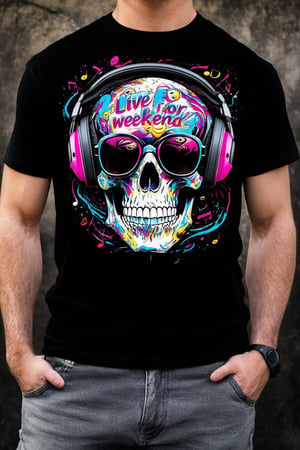 A gritty, high-contrast shot captures the edgy T-shirt design. A central skull donning oversized headphones sits atop a swirling vortex of acid smileys and musical notes in a vibrant, graffiti-inspired pattern. Trendy sunglasses shade its eyes, while a laid-back smile plays on its lips. Bold, cursive script declares I live for the weekend in metallic silver, with subtle highlights that shimmer like film grain. The image is photorealistic, set against a deep midnight-black backdrop, where hot pinks, electric blues, and sunshine yellows burst forth, drawing the viewer's eye to the skull's cool expression.