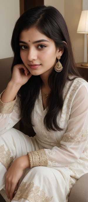 beautiful cute young attractive girl indian, teenage girl, village girl,18 year old,cute, instagram model,long black hair . Envision a Pakistani girl in a beautiful white shalwar kameez, seated elegantly in a luxurious hotel lounge, her chest subtly emphasized, exuding confidence and grace, adorned with exquisite jewelry including dangling earrings, Paperwork, intricate paper cutting with layered textures and delicate patterns, --ar 16:9 --v 5