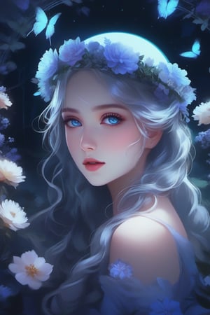 score_9, score_8_up, score_7_up, score_6_up, score_5_up, score_4_up, 1girl, flower crown, beautiful icy blue eyes, moonlight gardens, dark shadows, glowing in the dark,  bright colors, high contrast, dark background, vivid lighting, night garden