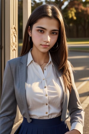 high school student,girl,school uniform(laced blouse and suit),at school gate,Best Quality, 32k, photorealistic, ultra-detailed, finely detailed, high resolution, perfect dynamic composition, beautiful detailed eyes, sharp-focus, cowboy_shot, 