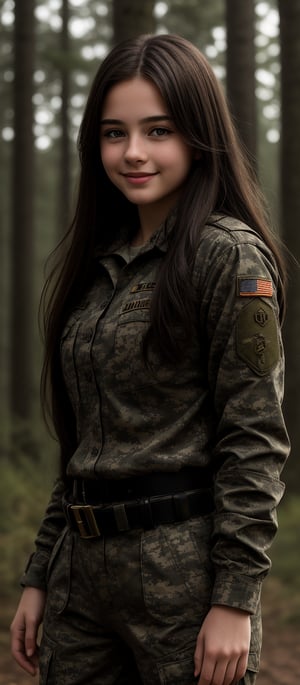 Generate hyper realistic image of a 25 year girl with long, straight, dark brown hair that flows freely down her back. She is wearing a full military uniform in camouflage pattern, which includes a long-sleeved shirt and matching pants. The uniform fits snugly, emphasizing her curves. The outfit is complete with a belt and insignia on her sleeve. She has teasing smile while gazing at the wiewer. The background is set in forest.