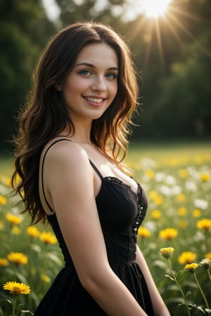 Here is a photorealistic portrait prompt based on your input:

A captivating portrait of a vibrant 25-year-old girl with luscious black locks, adorned in a dainty black dress, standing amidst a sun-kissed meadow teeming with wildflowers. Softly lit, the gentle glow accentuates her radiant smile and shining eyes, as she stands tall, exuding youthful energy and carefree joy within a whimsical bokeh-lit background.