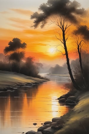 The sunset over a river is painted in oil painting, in the style of ink wash paintings.