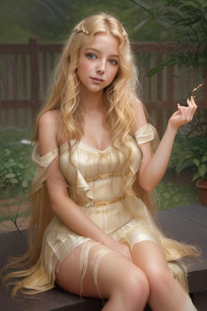 Here is a prompt for the image:

A mesmerizing portrait of a blonde maiden with lush, big wavy locks cascading around her luminous face. Softly lit from above, her features glow in warm, golden tones. Behind her, Daniel Gerhartz's abstract watercolor painting 'Rain' bursts forth with vibrant colors, adding a dynamic contrast to the serene atmosphere. Her gentle pose, lost in thought, invites contemplation as she sits amidst the kaleidoscope of hues.