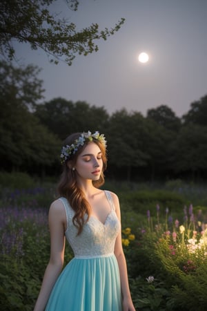 A serene and mystical scene unfolds under the soft glow of moonlight, where a lone girl adorned with a radiant flower crown stands amidst 'Moonlight Gardens'. Her beautiful icy blue eyes seem to radiate an otherworldly light, as if illuminated by the very stars above. Dark shadows dance across her porcelain skin, while the night garden's dark background provides a striking contrast to the vibrant hues of the flowers and foliage that surround her. The air is alive with a sense of wonder, as if magic itself is 'glowing in the dark' around this enchanting maiden.