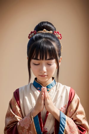 1girl,Sweet,Kawaii,Looks at viewer, A Chinese ancient beauty is praying, with hands clasped together, eyes closed in silence, wearing a solemn yet beautiful expression, White Background,portrait